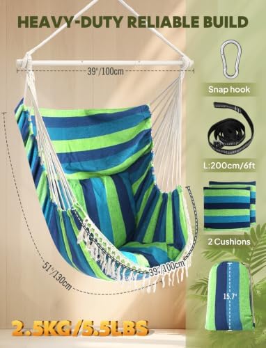 Chihee Hammock Chair Max 500 Lbs 2 Cushions Spreader Bar Strap Carabiner - Image 2
