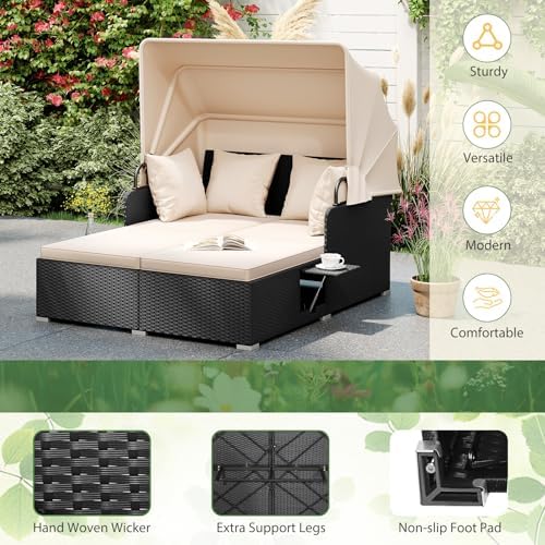 DREAMADE Outdoor Daybed with Canopy, 2 Person Rattan Patio Sunbed - Image 3