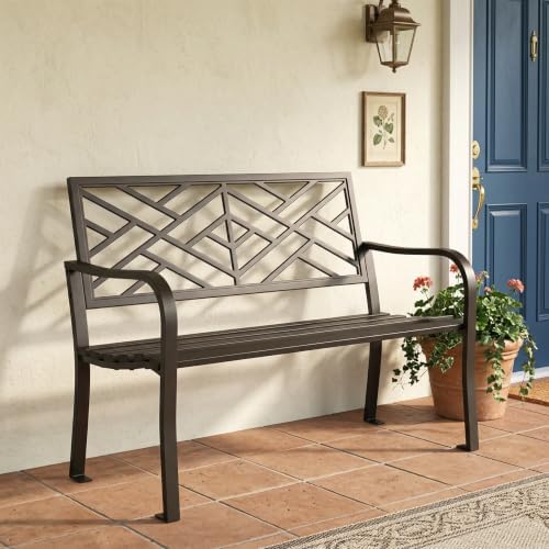 MFSTUDIO 43.7” Cast Iron Outdoor Garden Bench, Geometric Backrest by MFSTUDIO