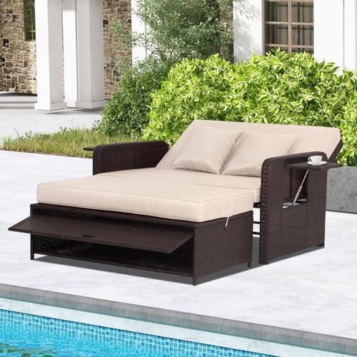 Nightcore Wicker Patio Outdoor Daybed, Outdoor Chaise Lounger w/ 4-Level by Goplus
