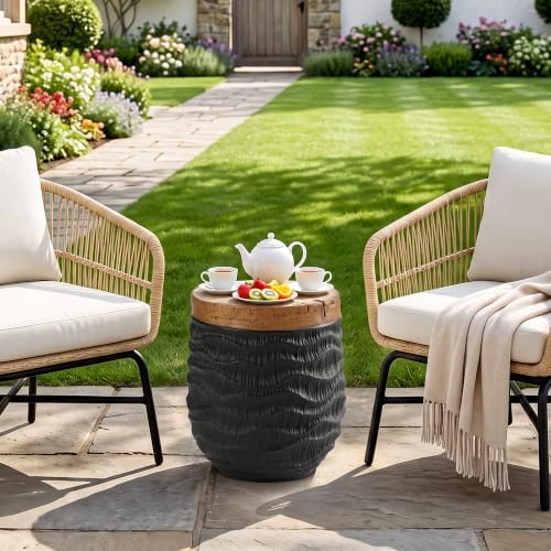 COSIEST Outdoor Side Table w Faux-Wood Top, Hand Painted Concrete Table by COSIEST