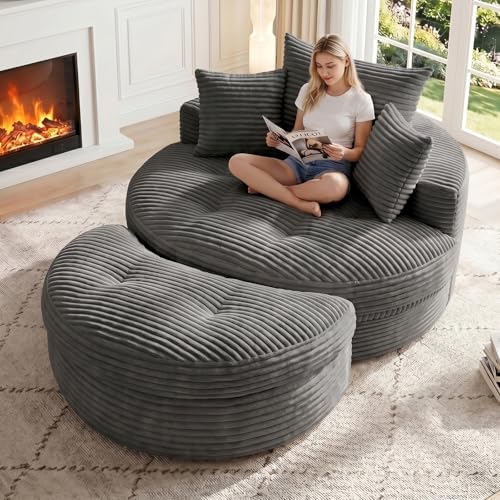 Oversized Round Chaise Lounge Chair, Deep Seat Cloud Boneless Floor Sofa Couch by FelizHome