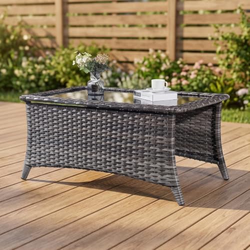 Patio Coffee Table Outdoor Rectangular Glass Table, Handwoven Rattan Patio by Belord