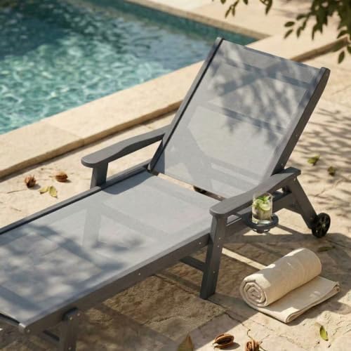 Outdoor HDPE Chaise Lounge Chairs Set of 4, Textilene Pool Loungers - Image 4