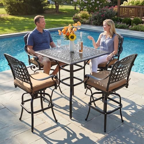 5-Piece Patio Swivel Bar Set, All-Weather Cast Aluminum Outdoor High Bar Stool - Image 2