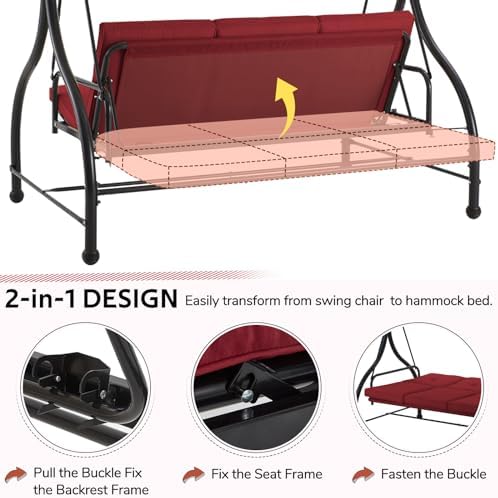 Porch Swing Chair with Adjustable Backrest&Canopy, 3 Seat Patio Swing with - Image 2