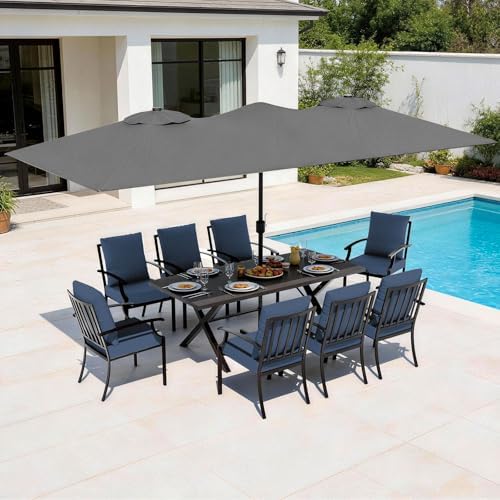 10 Pieces Patio Dining Set, Metal Outdoor Furniture Set Includes 13.6FT Grey by TrumbeakFurniture