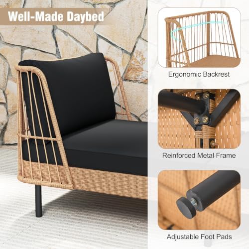 Tangkula Patio Rattan Daybed Set of 2, Wicker Lounge Sofa, Natural & Black - Image 7