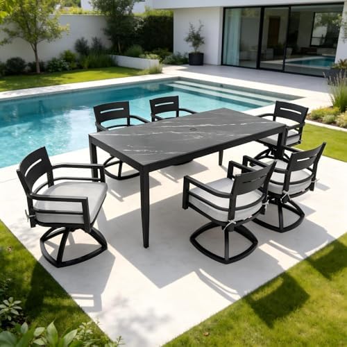 7PC Aluminum Outdoor Patio Dining Set, 71”Rectangular Black Marble Dining Table by WAQINBR