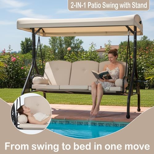 3-Seat Patio Swing with Canopy, Heavy Duty Outdoor Swing Chair with Cup Holders - Image 3