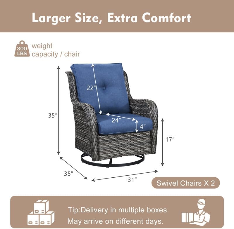 2 Pieces Outdoor Wicker Swivel Rocker Patio Chairs Set of 2, Cushion Blue - Image 2