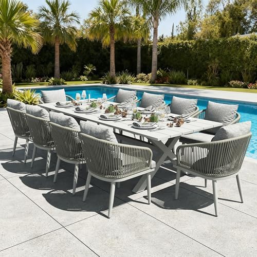 11 Pieces Outdoor Patio Dining Set, Aluminium Rectangular Dining Table and by LayinSun