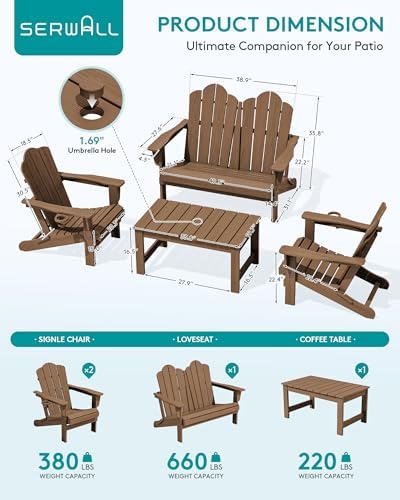 SERWALL 5-Pc HDPE Adirondack Set, 2 Chairs, 2 Benches&1 Coffee Table - Image 2