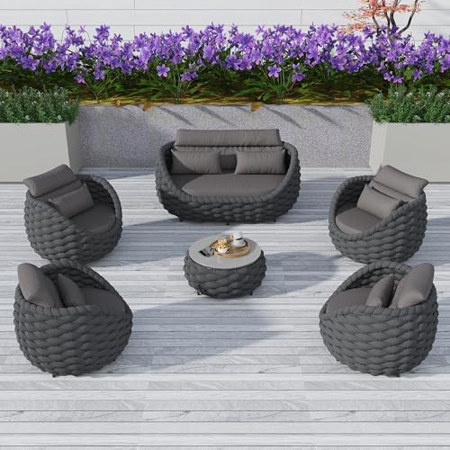 TWT 6-Piece Aluminum Patio Furniture Set, Textilene Dark Grey w/Table by TWT