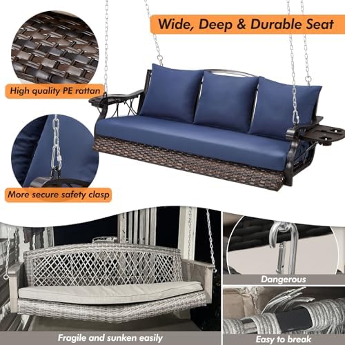 ZZW 3-Person Wicker Porch Swing Chair Heavy Duty 900 LBS Outdoor Rattan Patio - Image 2