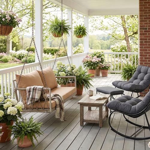 Wicker Porch Swing, Upholstered Outdoor Hanging Swing - Image 3