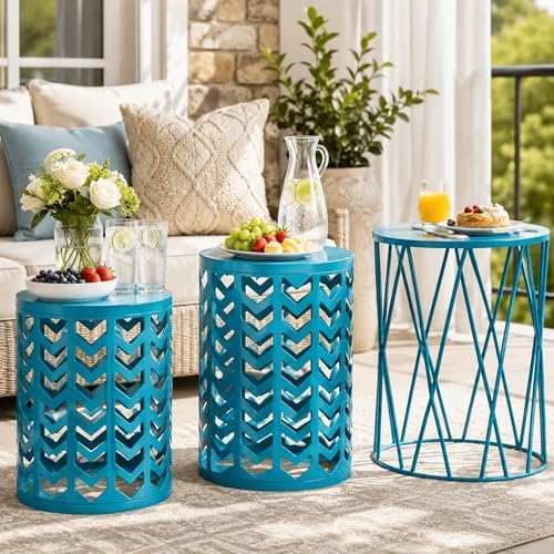 Nesting Side Table Set of 3 Decorative Round Garden Stools - Image 4