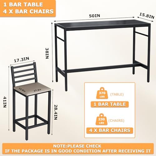5 Piece Outdoor Patio Bar Set, 54.7" Rectangular Counter Height High Top Bar - Image 3