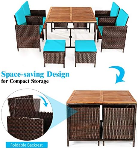 Tangkula 9 Pieces Acacia Wood Patio Dining Set, Space Saving Wicker Chairs and - Image 7