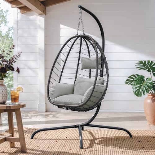 Foldable Egg Chair with Stand, 485LBS Capacity Wicker Rattan Hammock Swing Chair - Image 6