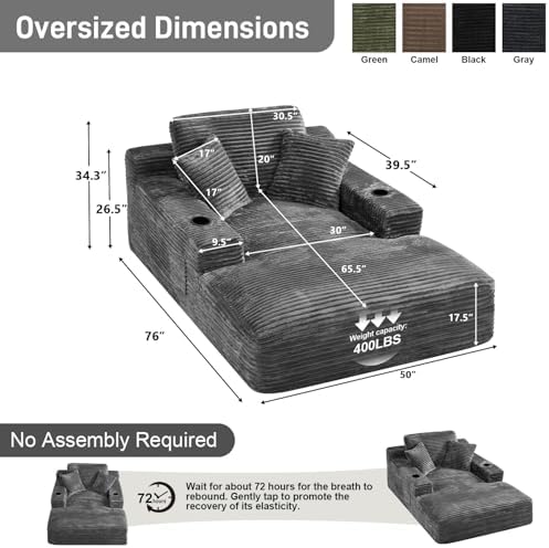 76" Oversized Boneless Chaise Lounge Chair Indoor, Cup Holders, Dark Grey - Image 2