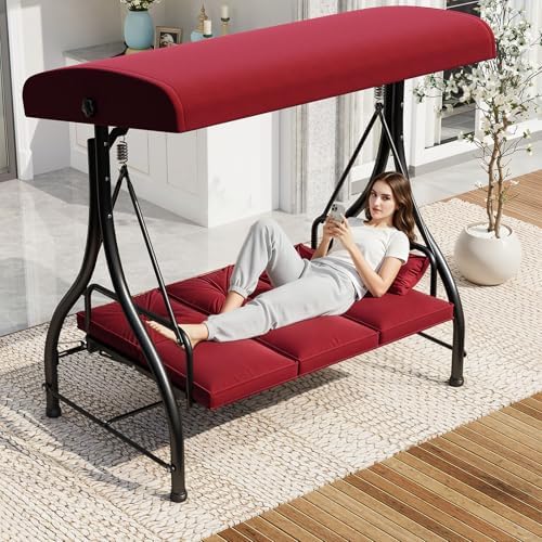 Porch Swing Chair with Adjustable Backrest&Canopy, 3 Seat Patio Swing with by U-MAX