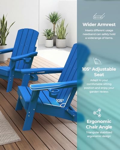 Folding Adirondack Chairs Set of 6, 2 Cup Holders, Ocean Blue - Image 4