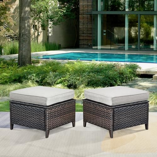 Patio Ottomans Set of 2 Outdoor Ottomans Wicker Foot Stools 2 Piece Footrest PE - Image 2