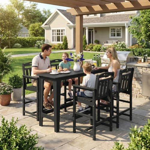 Outdoor Patio Bar Height Table and Tall Adirondack Chairs Set of 4, All-Weather - Image 2