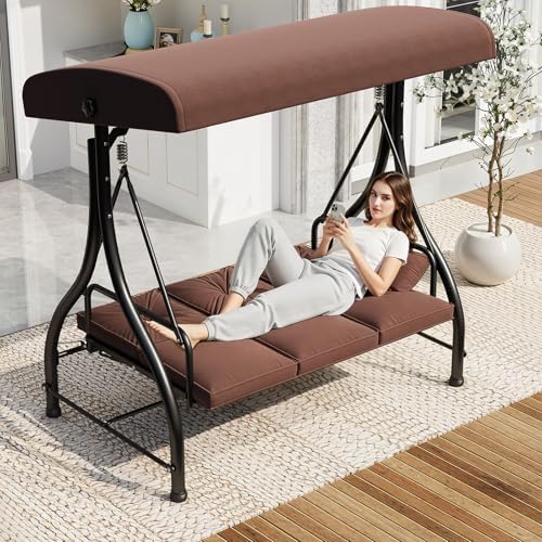 Porch Swing Chair with Adjustable Backrest&Canopy, 3 Seat Patio Swing with by U-MAX