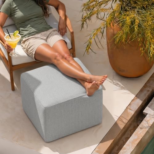 Square Outdoor Ottoman Pouf, Light Gray - Image 3