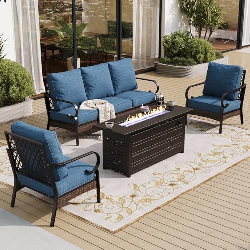 Metal Patio Furniture Set with Fire Pit Table, Peacock Blue by SUNSHINEVALLEY