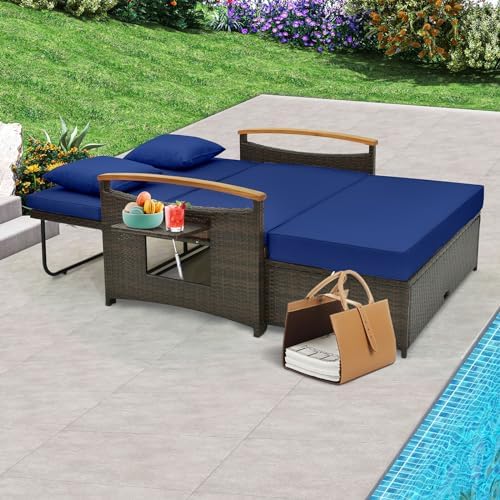 Tangkula Patio Rattan Daybed, Outdoor Wicker Loveseat, Mix Brown & Navy - Image 3