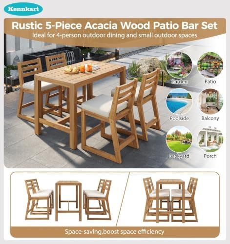 5-Piece Acacia Wood Patio Bar Set, Outdoor Dining Table and Ergonomic Chairs - Image 4