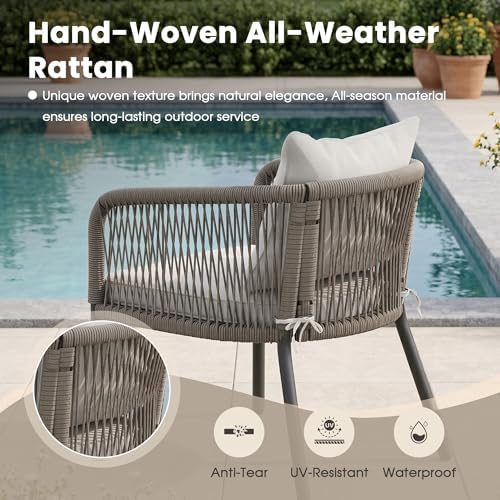 Patio Dining Set, 53.1" Round Table & Wheat Cushioned Wicker Chairs - Image 6