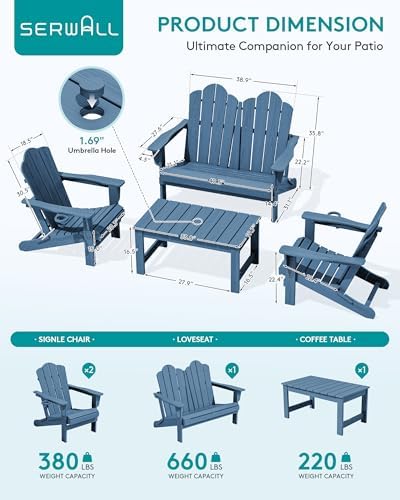 SERWALL 4-Pc HDPE Adirondack Set, 2 Chairs, 1 Bench & 1 Coffee Table - Image 2