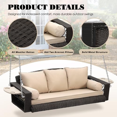 3-Person Hanging Porch Swing, Outdoor Wicker Swing - Image 5