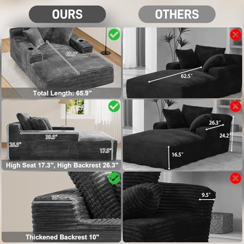 76" Oversized Boneless Chaise Lounge Chair Indoor, Cup Holders, Dark Grey - Image 4