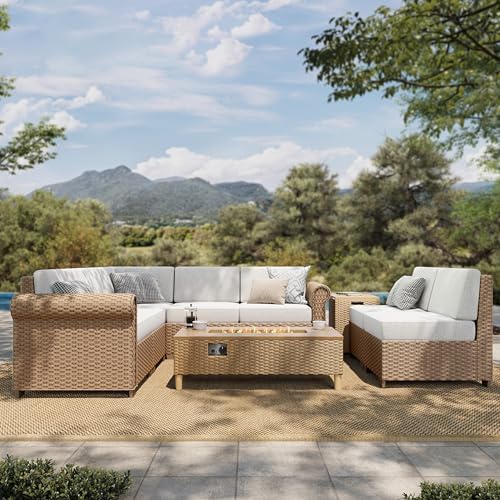 9-Piece Wicker Patio Sectional Set, Fire Pit Table by HERASHOUSE