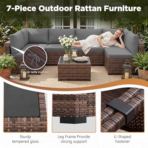 LHBcraft 7 Pieces Outdoor Wicker Rattan Patio Furniture, Outdoor Sectional Set - Image 4