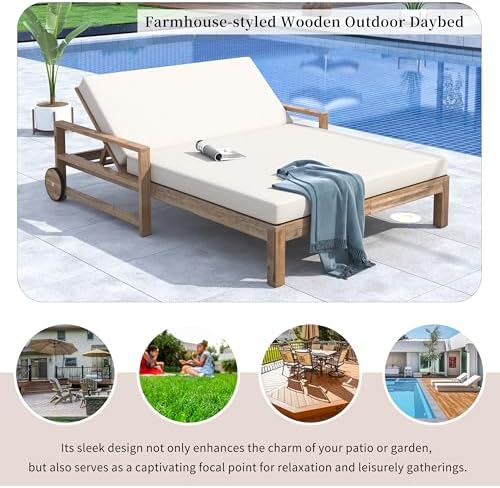 Merax Acacia Wood Outdoor Daybed Sofa, Farmhouse Patio Sun Lounger - Image 7