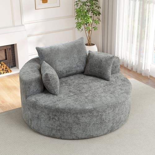 Oversized Round Chaise Longue Chair Indoor, Modern 55-inch Upholstered Waffle - Image 3