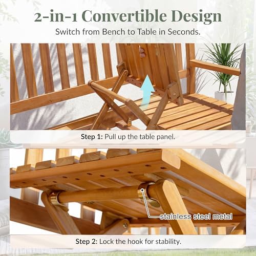 Devoko Acacia Wood Outdoor Bench, 2-Person Garden Bench - Image 3