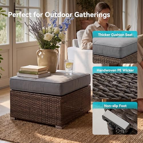 COSIEST 2 Piece All Weather Wicker Outdoor Ottoman Set, Patio Footstools - Image 4