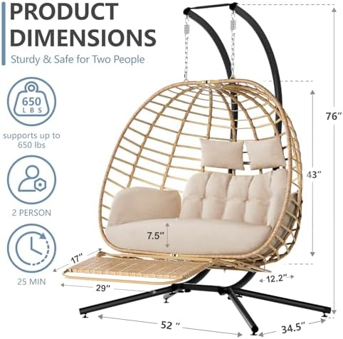 Double Egg Chair Outdoor with Stand & Footrest, Patio Swing - Image 3
