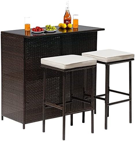 Wicker Patio Furniture 3 Piece Patio Bar Table Set Chairs Wicker Outdoor Rattan by FDW