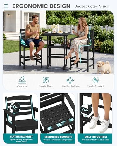 SERWALL 3 Pcs HDPE Bar Height Chairs and Double Layer Pub Table Set - Image 4