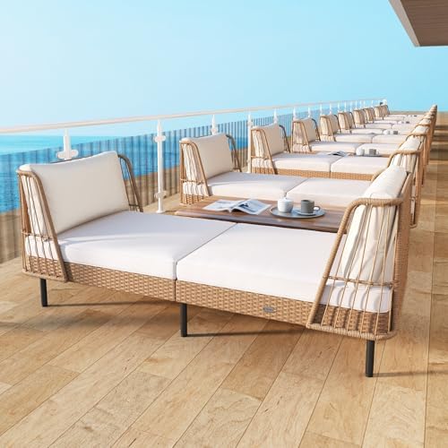 Tangkula Patio Rattan Daybed, 2 Pack Wicker Lounge Sofa, Natural-Off White - Image 3