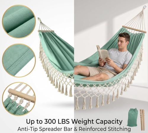 Bohemian Canvas Hammock, Wood Spreader Bar, 300 lb - Image 5