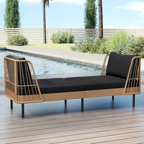 Tangkula Patio Rattan Daybed, Boho Wicker Lounge Sofa, Natural & Black - Image 2